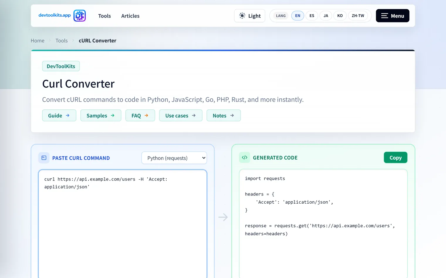 cURL Converter: instantly transform cURL into your favorite programming language