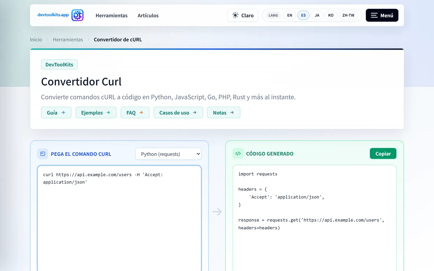 Convertidor de cURL: transforme instantáneamente cURL en su lenguaje de programación favorito