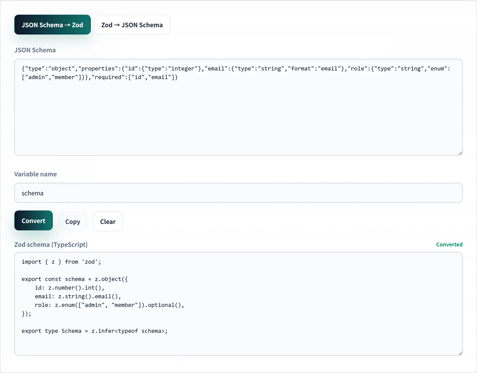 Converting between JSON Schema and Zod