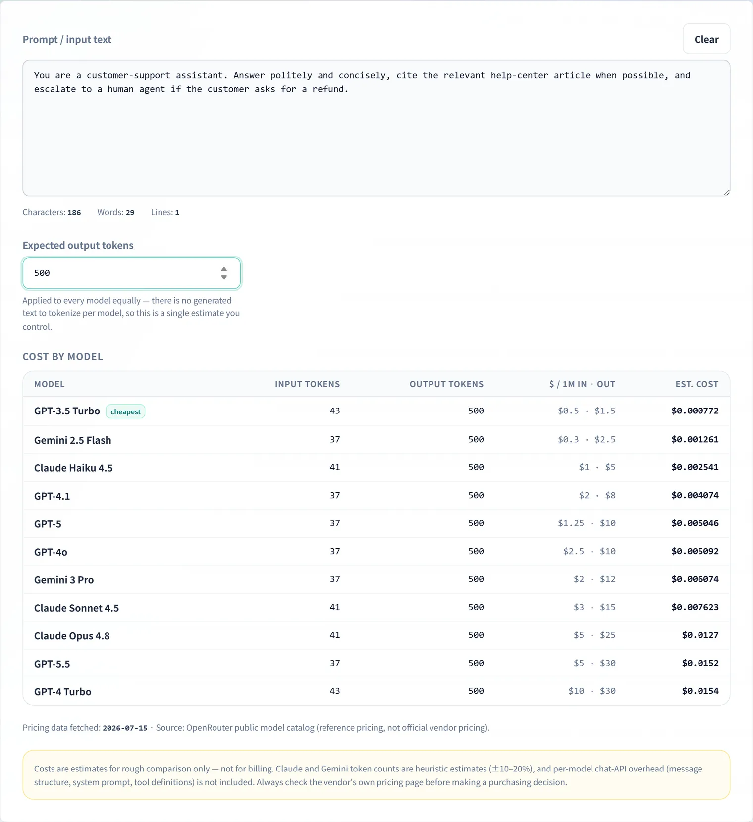 LLM API Cost Calculator: per-model costs listed cheapest first